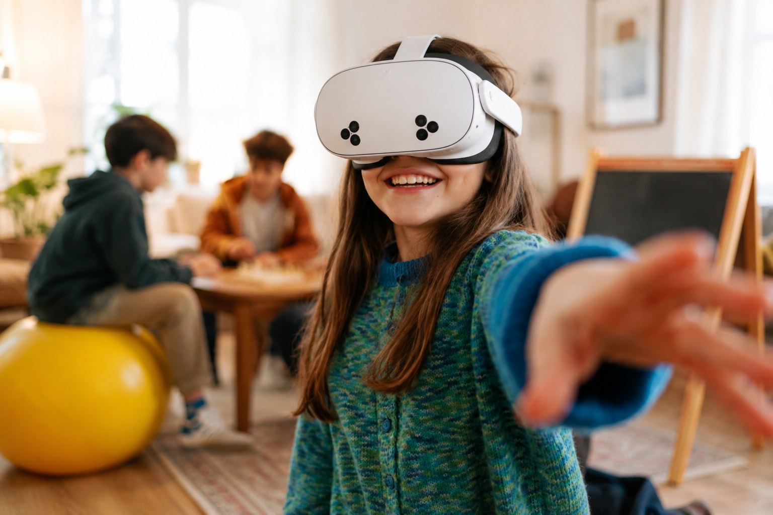 Een leerling met een VR-bril reikt lachend naar voren, klasgenoten op de achtergrond.
